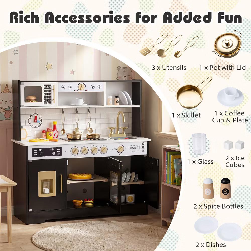 Play Kitchen for Kids, Wooden Kitchen Playset with Realistic Lights & Sounds White/Black - Image 7