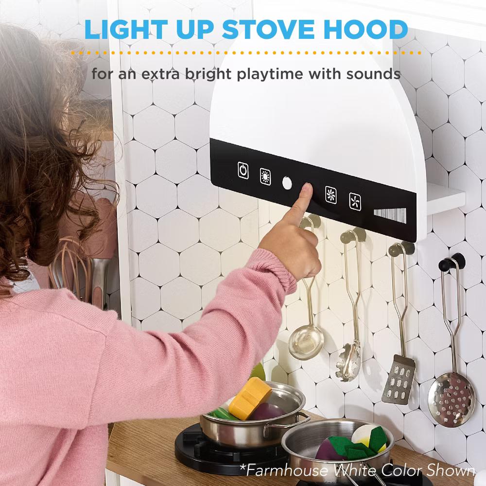 Pretend Play Corner Kitchen, Interactive Wooden Kids Set w/ Lights & Sounds - White - Image 14