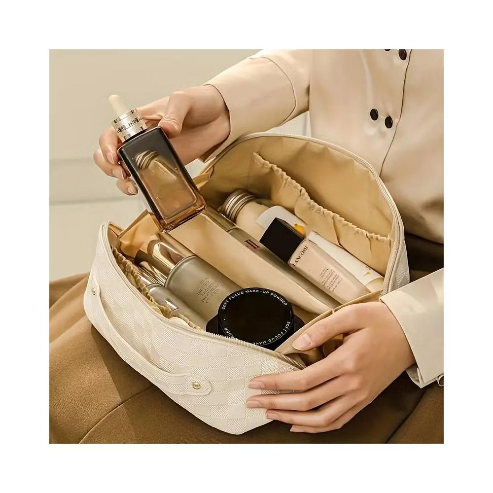Checkered Makeup Bag, Large Capacity Cosmetic Bag with Handle, Portable Waterproof Travel Toiletry Organizer for Women