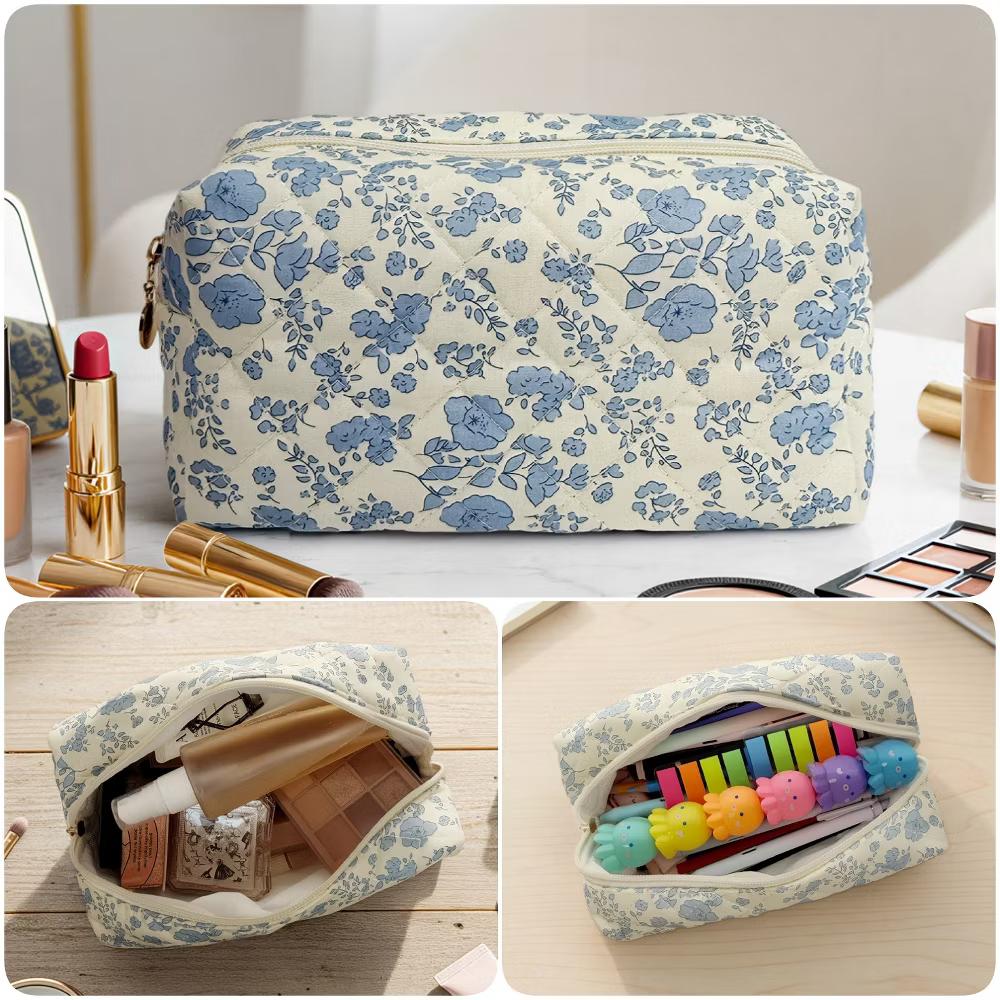 Floral Quilted Makeup Bag, Cosmetic Toiletry Travel Bag, Pencil Pouch - Image 3