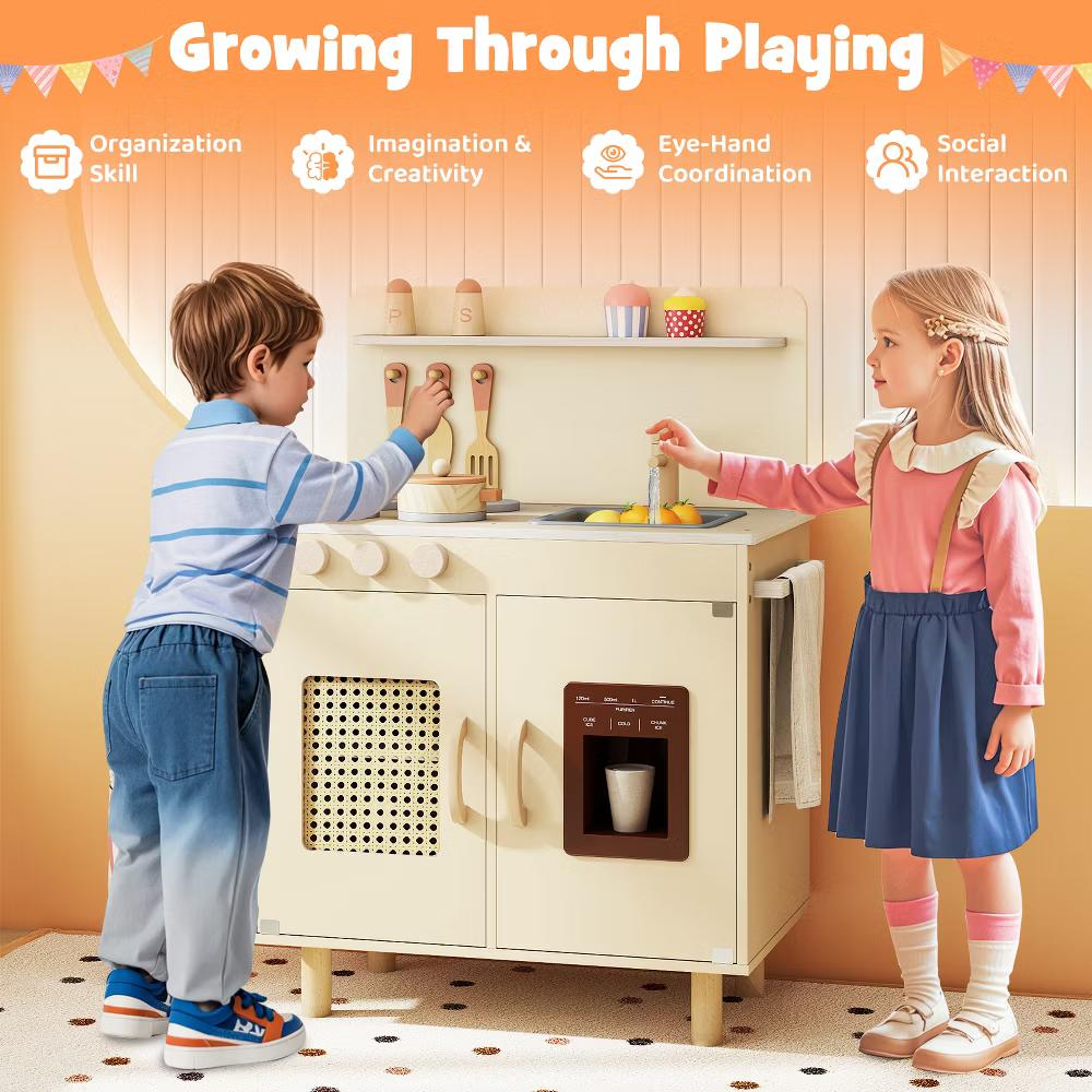 Play Kitchen w/Realistic Ice Maker Stove Accessories & Water Sink Storage - Image 12