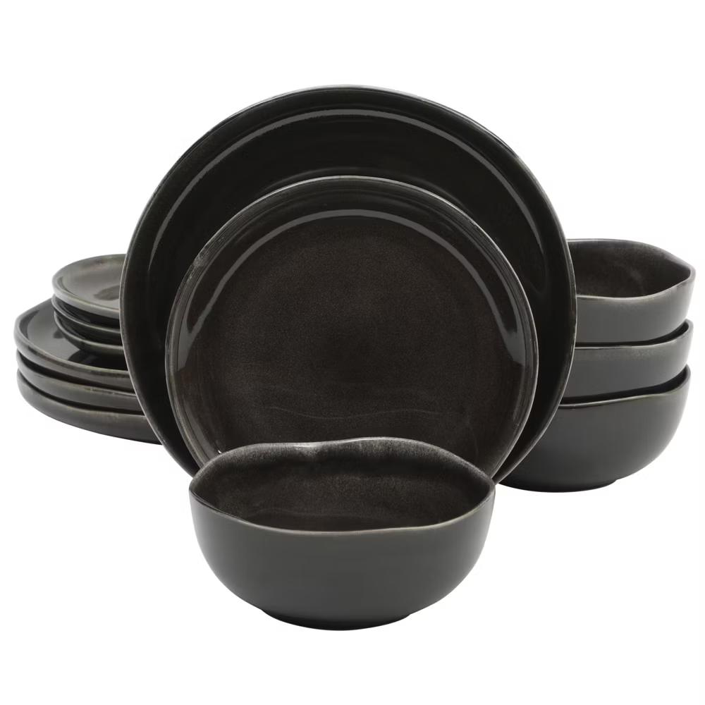 Soho Lounge Nardini 12 Piece (Service for 4) Plates and Bowls Reactive Glaze Dishes Stoneware Ceramic Dinnerware Set - Black and Blue - Image 5