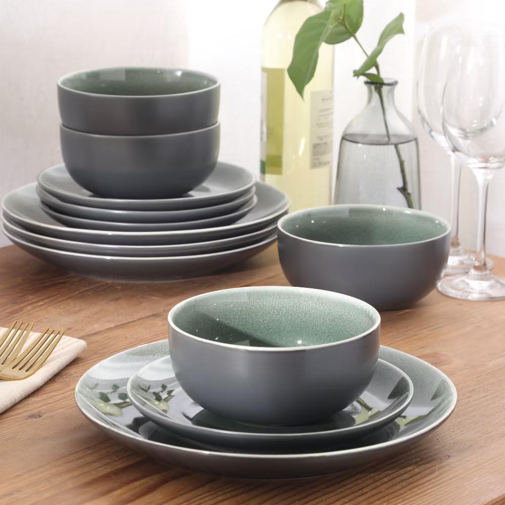 Pine Coast Plates and Bowls Sets, 12-Piece Stoneware Dinnerware Sets, Reactive Glaze Dish Set