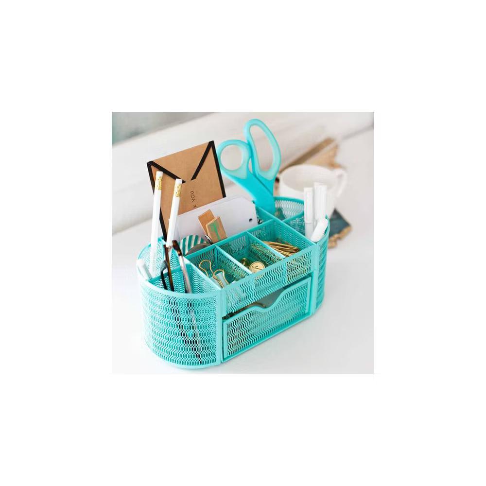 Blu Monaco Small Metal Mesh Desk Organizer with Drawer - Available in Aqua, Gold, and Pink - Image 2