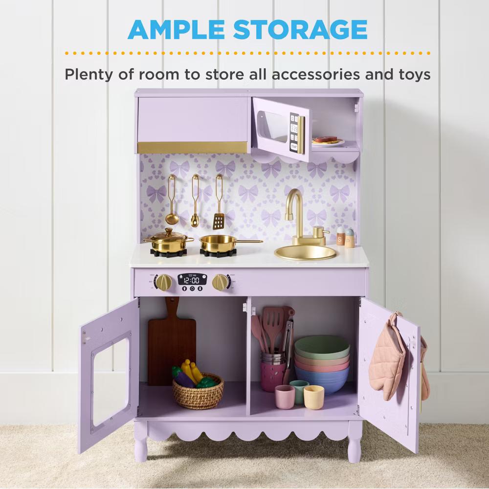 Wooden Cottage Kids Pretend Play Kitchen with 5 Accessories and Toy Storage - White - Image 38