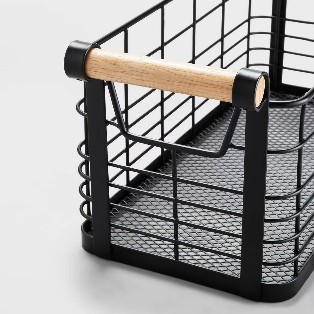 Rectangular Wire Natural Wood Handles Basket - Image 9