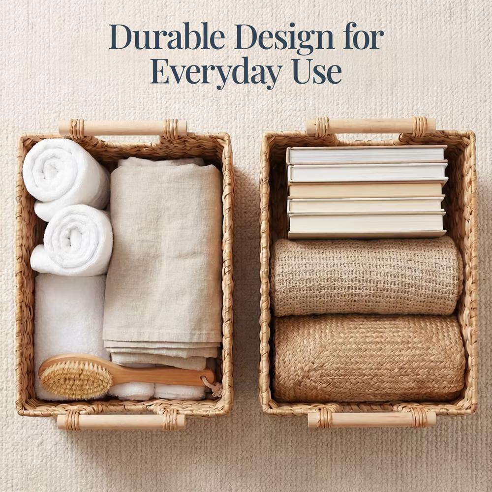 Wicker Storage Basket, Shelf Basket w/ Wooden Handles, Rectangular Storage Bin - Natural - Image 16