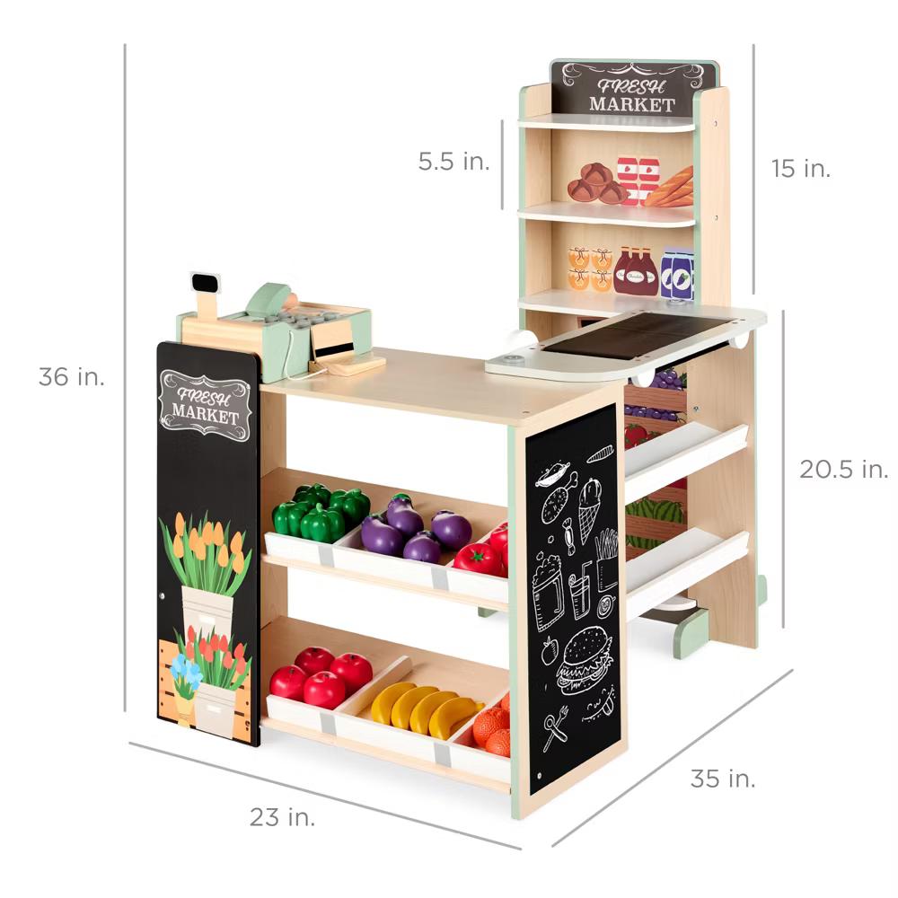 Kids Pretend Play Grocery Store Wooden Supermarket Set w/ Chalkboard, Cash Register - Red - Image 16