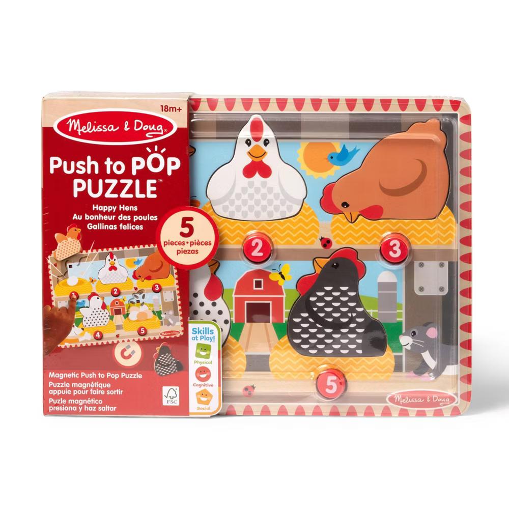 Happy Hens Push to Pop Wooden Puzzle, Montessori-Inspired Toddler Puzzle with Magnetic Pieces - Image 3