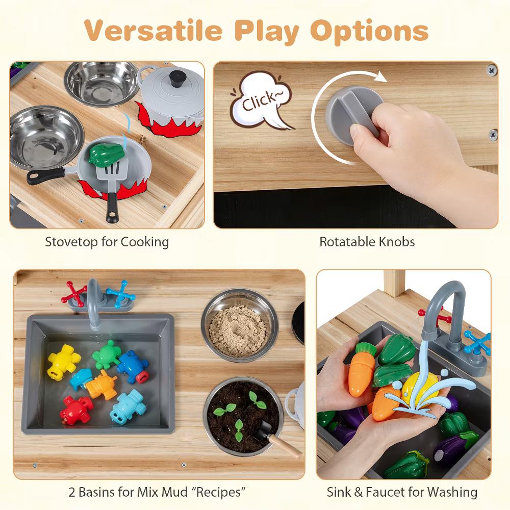 Outdoor Mud Kitchen for Kids, Wooden Play Pretend Kitchen with Cooking Accessories Natural - Image 6