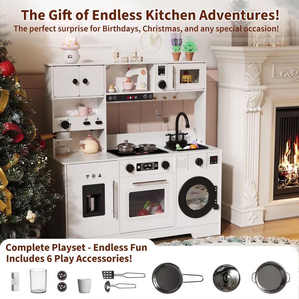 Wooden Play Kitchen for Kids, Wooden Kids Play Kitchen Playset with Lights Sounds, Toddler Pretend Cooking Set with Toy Food Cookware Accessories - Image 15