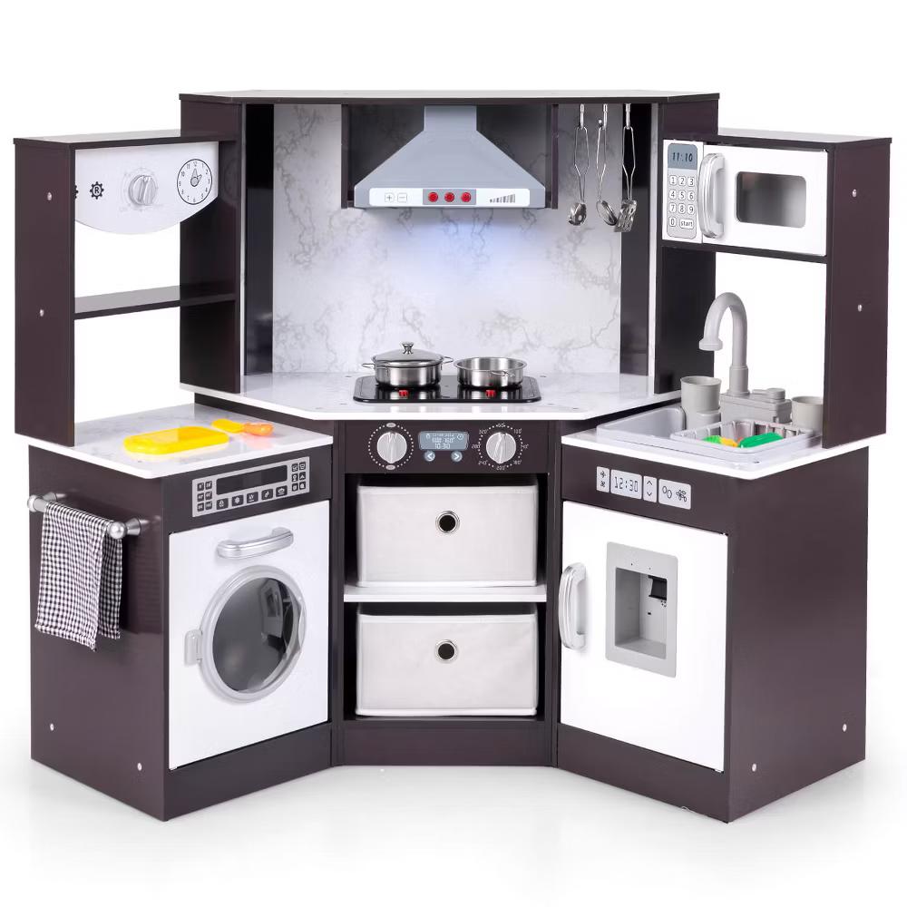 Wooden Kids Play Corner Kitchen with Realistic Lights & Sounds Lighted Range Hood Brown/Grey