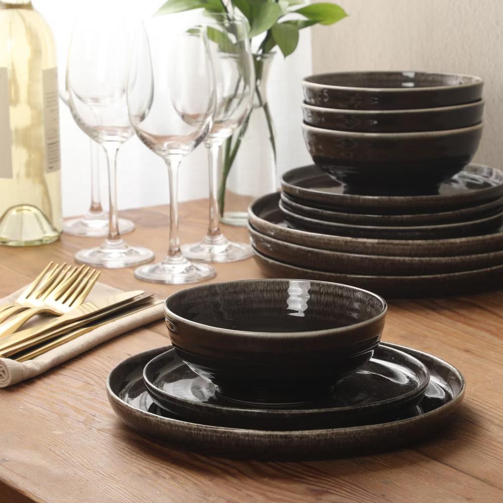 Eclipse Swirls Plates and Bowls Sets, 12-Piece Stoneware Dinnerware Sets, Reactive Glaze Dish Set - Image 3