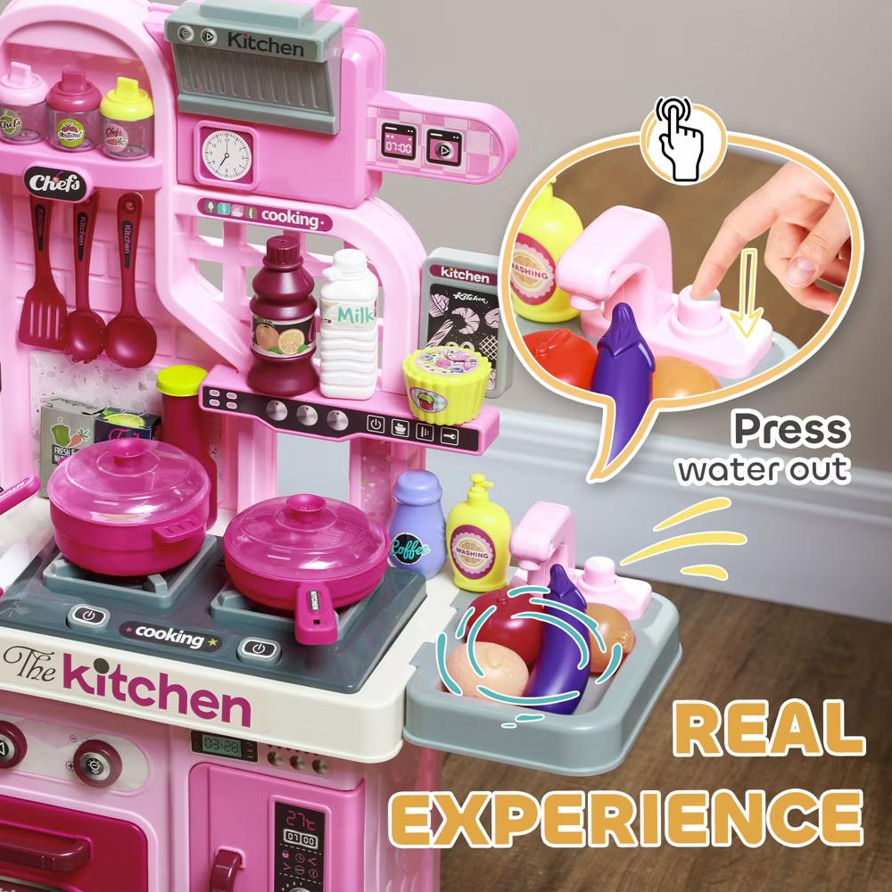 Qaba Play Kitchen, Kids Kitchen Playset, Toy Kitchen with Lights, Sounds, 33 Accessories, Storage, Interactive Playset for Toddler 3-6 Years - Image 6