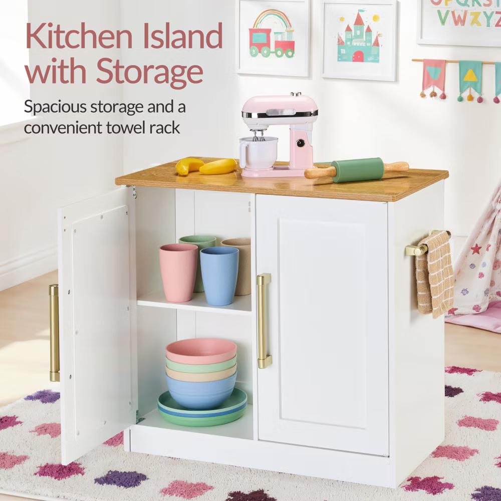 Deluxe Wooden Pretend Play Kitchen with Island and Espresso Machine - White - Image 13