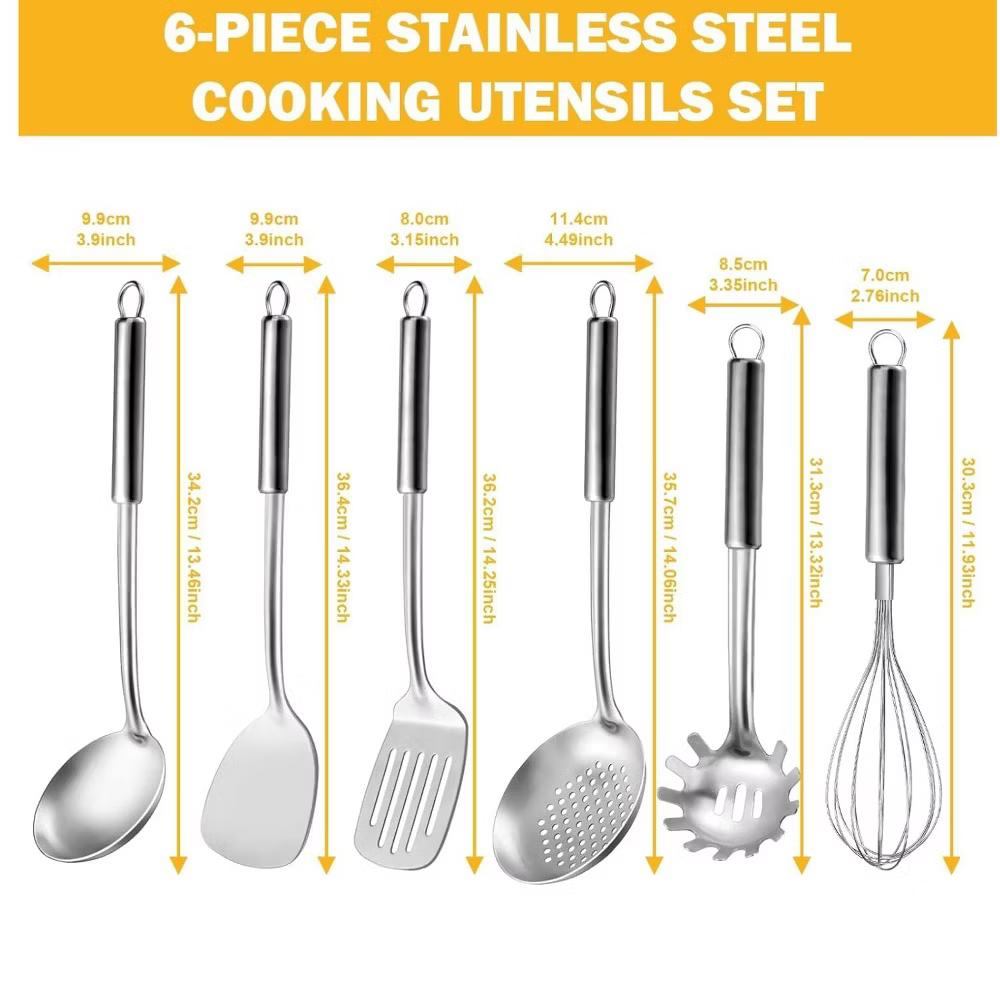 Home Collection Pack of 6 Stainless Steel Kitchen Utensils Set with Hanging Handles - Image 3