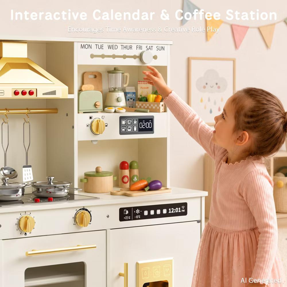 Wooden Play Kitchen for Kids with Running Water Sink, Interactive Stove, Ice Maker, Microwave, Oven & Dishwasher, Ages 3+ - Image 9