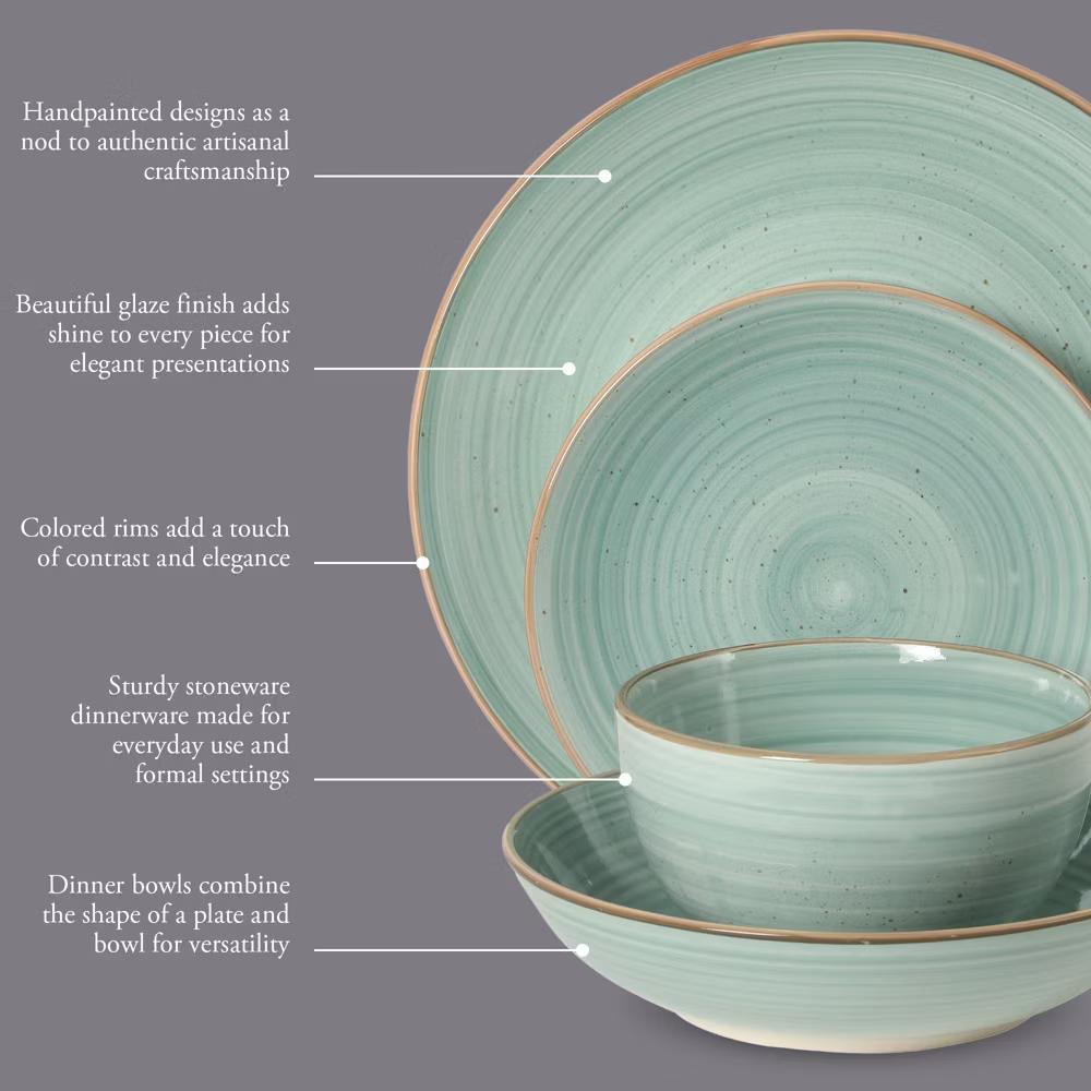 Stonebury 16 Piece Plates and Bowls Assorted Color Dishes - Handpainted Stoneware Dinnerware Set - Service for 4 - Image 6