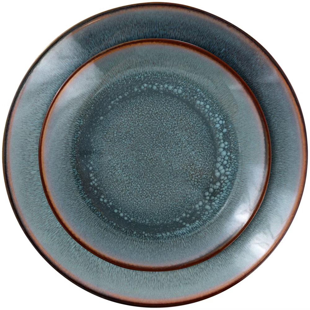 Reactive Glaze Stoneware Dinnerware Set in Blue with Brown Rim - Image 4