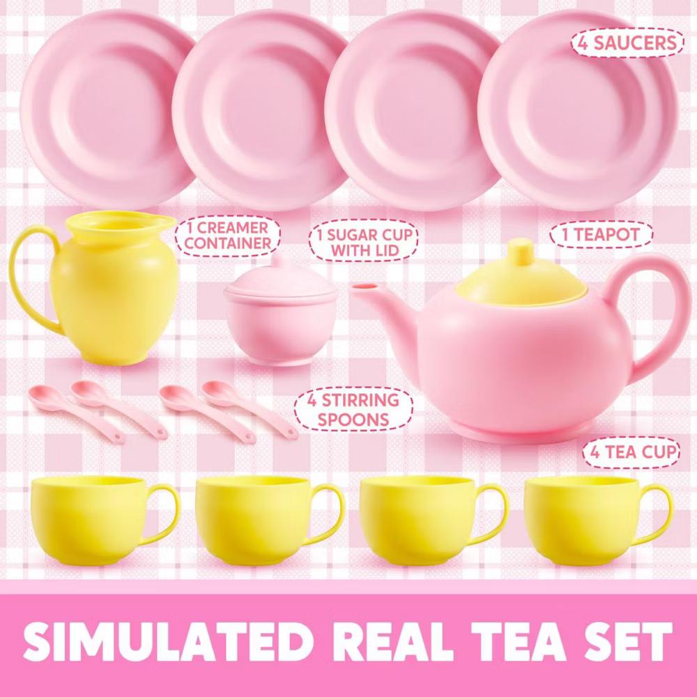 18PCS Toy Tea Set,Pretend Play Tea Party Set, Play Food Accessories Pink Tea Set, Mini Kitchen for Kids, Gifts for Toddler Girls Ages 3 4 5 6 - Image 2