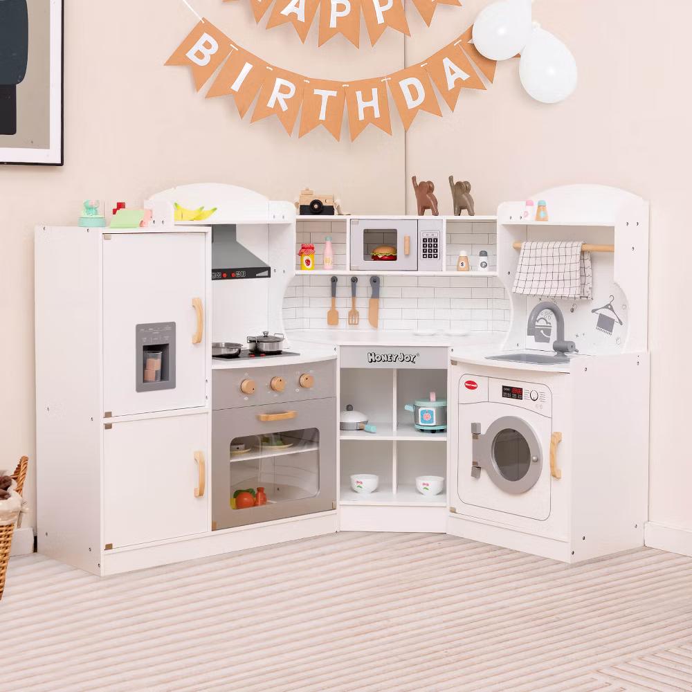 Corner Play Kitchen Toddler Kitchen Playset with Range Hood, Ice Maker, Microwave White/Pink - Image 32