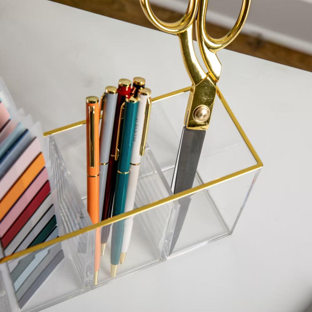 Martha Stewart Kerry Plastic 4 Compartment Pen Holder Office Desktop Organizer with Gold Trim - Image 7