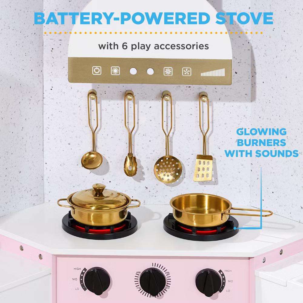 Pretend Play Corner Kitchen, Interactive Wooden Kids Set w/ Lights & Sounds - White