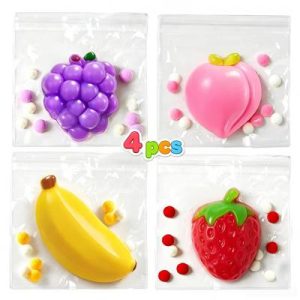 4 Pcs Fruit Taba Squishy Toys, Soft Squeeze Fidgets, Banana, Grape, Strawberry, Peach Fufu Squishy Toys for Kids, Party Favors & Gifts