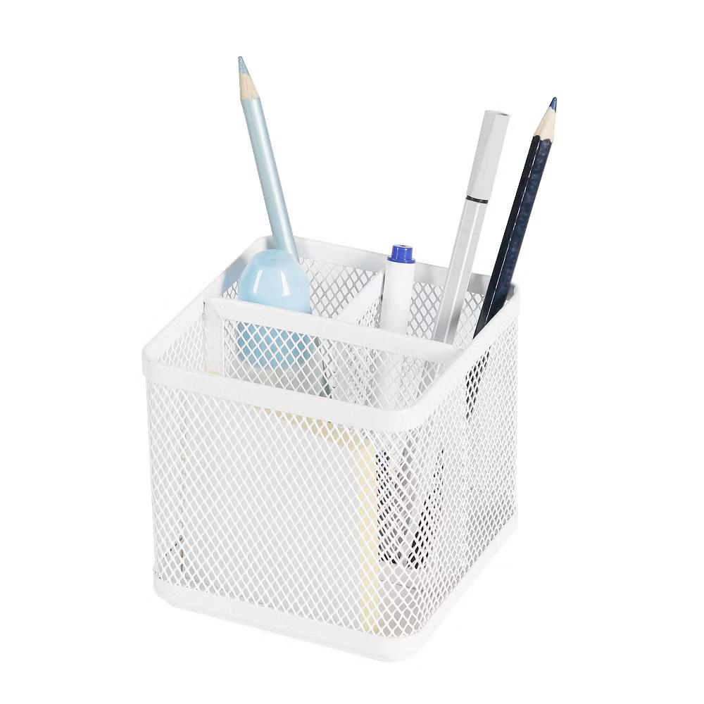 Mesh Pencil Holder White - Steel Desk Organizer, Pen Holder, Pencil Cup, 3.98" Height, Width & Depth