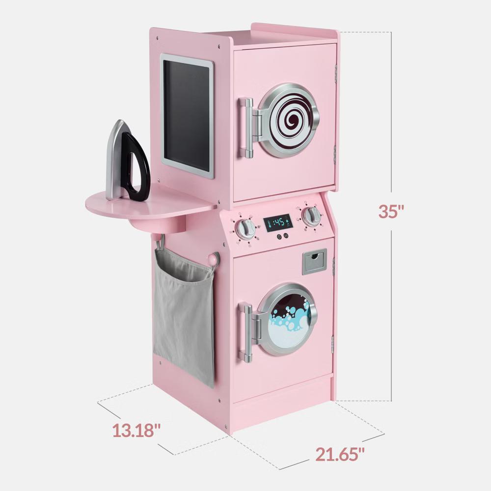 Pretend Play Kids Wooden Stacked Washer & Dryer Set w/ Toy Laundry Storage and Accessories - Pink - Image 6