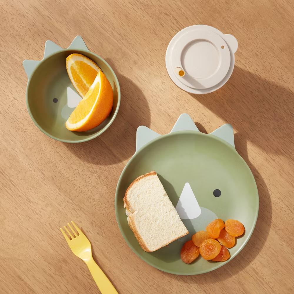Kids' 2pc Bamboo and Melamine Dino Dinnerware Set Green - Image 3