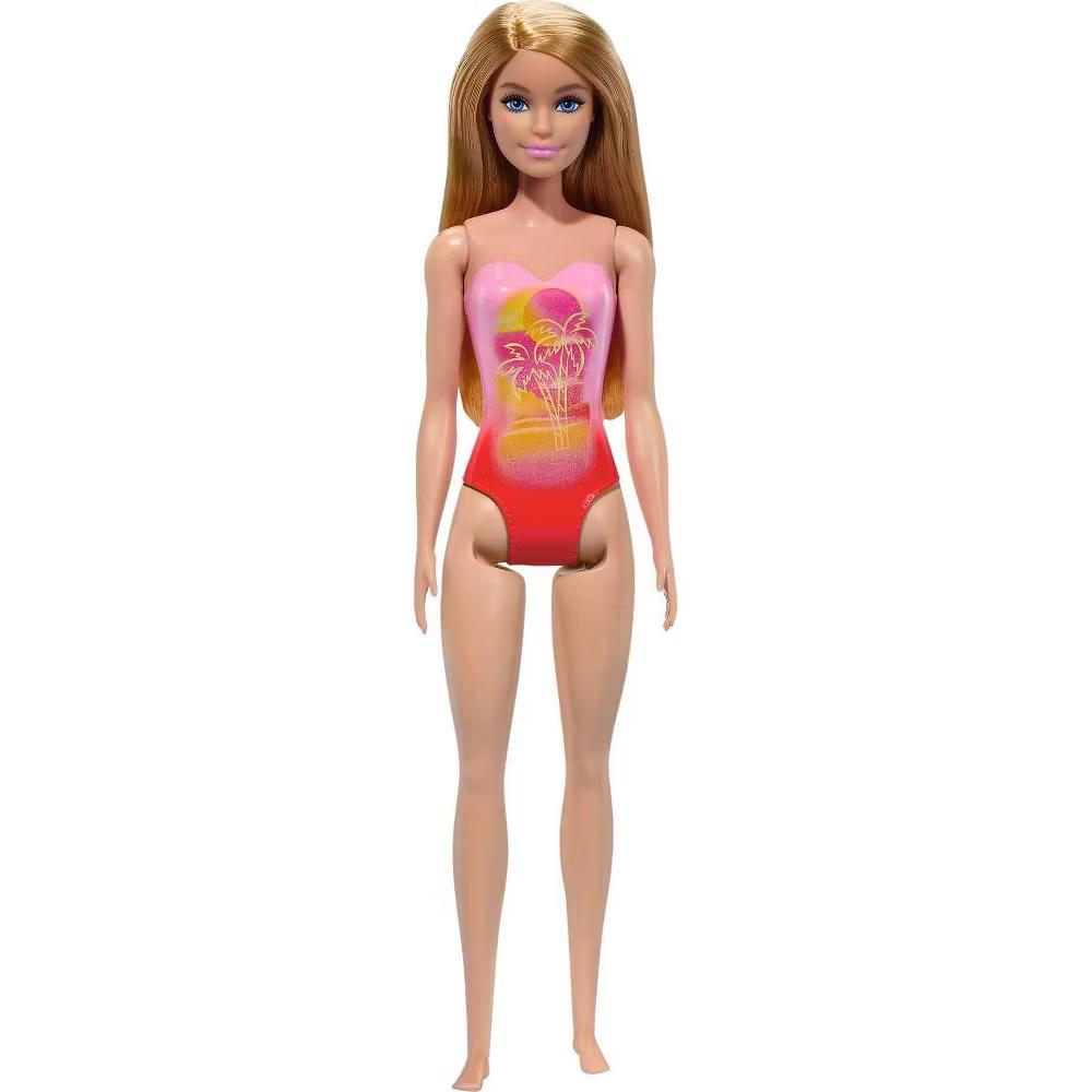 12.7" Beach Doll Blond Hair/Blue Eyes Wearing Pink Palm Tree Print Swimsuit - Image 4