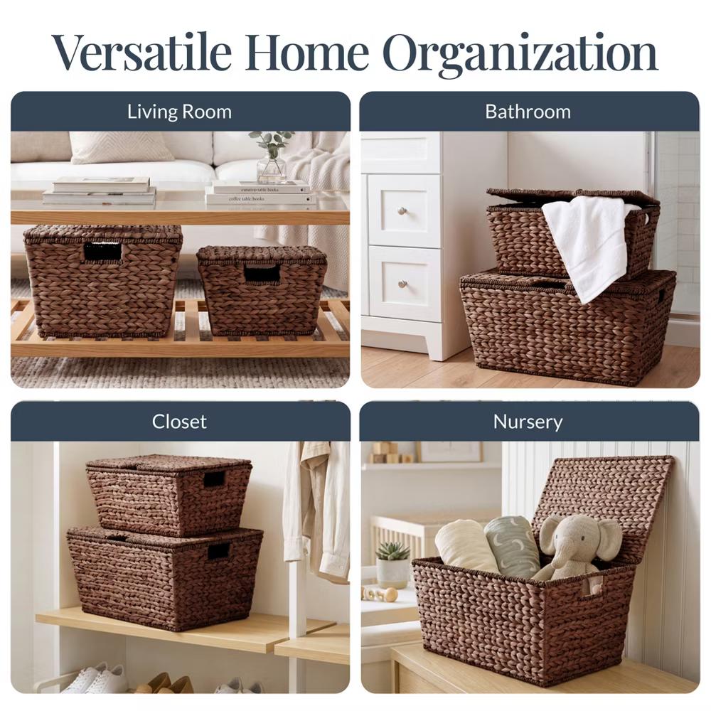 Set of 2 X-Large & Medium Woven Storage Baskets W/Lids, Hyacinth Nesting Organizer Bins - Natural - Image 6