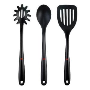 3pc Nylon Utensil Set Black: Kitchen Utensils with Soft-Grip Handle, Includes Pasta Spoon & Slotted Turner
