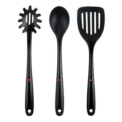 3pc Nylon Utensil Set Black: Kitchen Utensils with Soft-Grip Handle, Includes Pasta Spoon & Slotted Turner