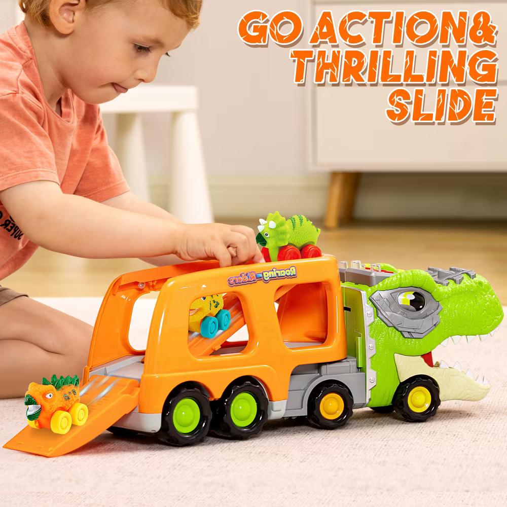 Dinosaur Truck Toy with 6 Rubber Car, Music & Lights, Dinosaur Car Carrier Truck Toy, Toddler Christmas Birthday Gift for 2 3 4 5 Year Old Boys - Image 5