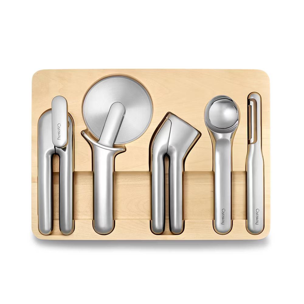 Caraway Home 6pc Kitchen Gadget Set: Stainless Steel Utensils, Includes Peeler, Pizza Cutter, Can Opener, Silver Holder - Image 3