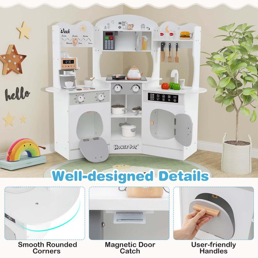 Corner Kitchen Playset with Coffee Machine Oven Microwave Washing Machine White/Brown/Pink - Image 22