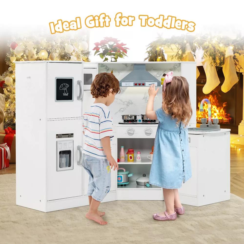 Kids Corner Kitchen Playset Wooden Pretend Play Toy with Microwave WhiteCoffee - Image 14