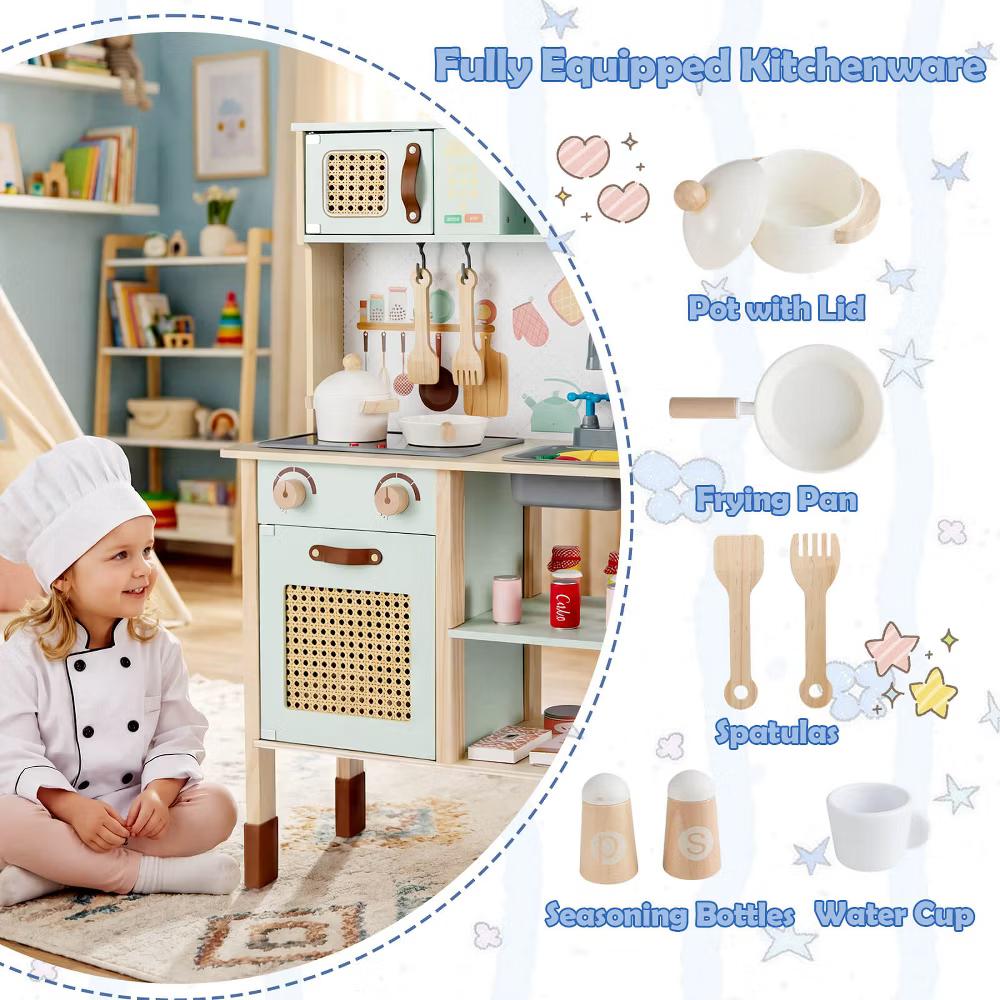 Kids Play Kitchen Wooden Pretend Kitchen Playset w/ Rattan Doors Wood Legs - Image 6