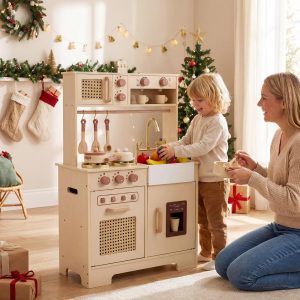 Kids Play Kitchen, Wooden Pretend Kitchen Playset with Rattan Doors, Stoves Yellow/Pink