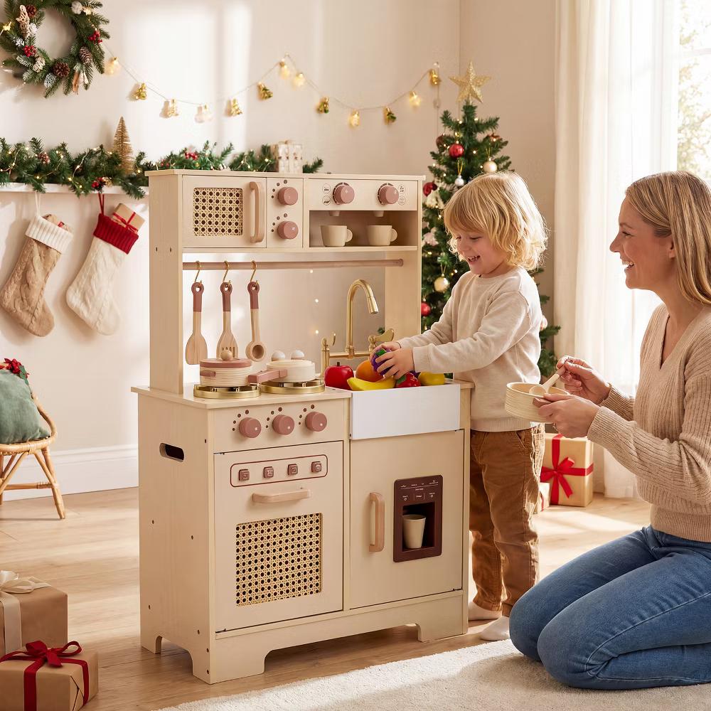 Kids Play Kitchen, Wooden Pretend Kitchen Playset with Rattan Doors, Stoves Yellow/Pink