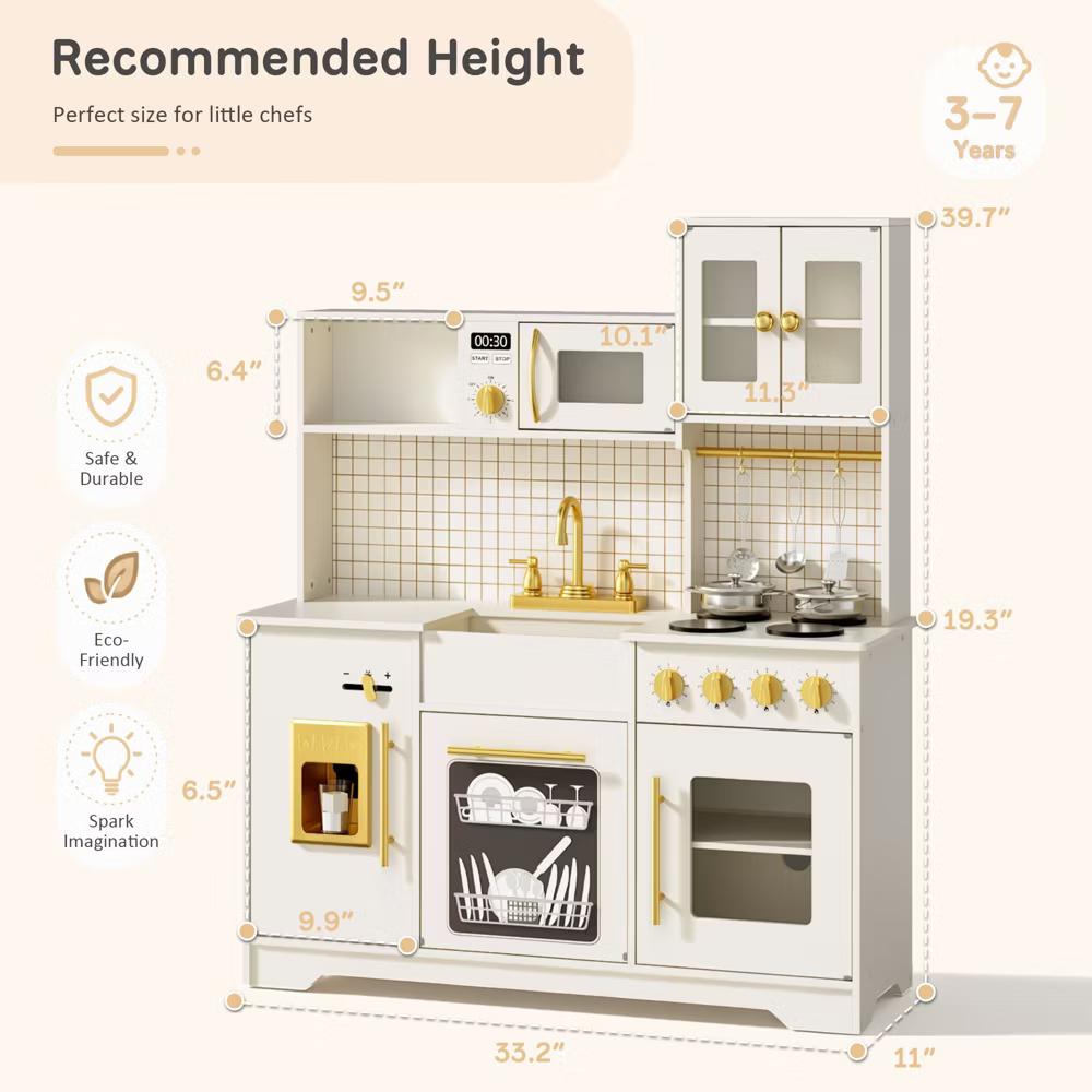 Wooden Play Kitchen with Running Water Sink, Clicking Stove Knobs, Microwave, Oven, Ice Maker & Storage, Ages 3+ - Image 7