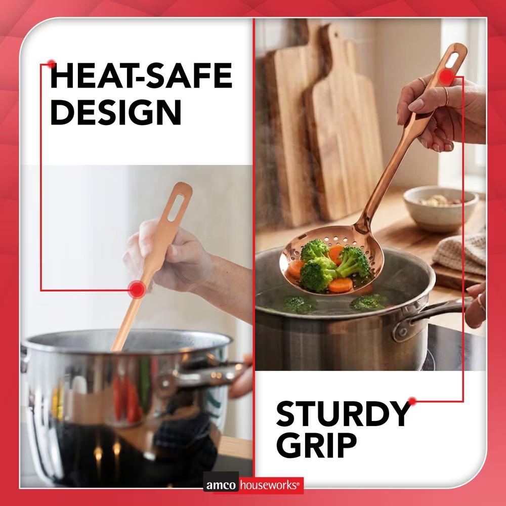 Amco 5-Piece Stainless Steel Cooking Utensil Set, Copper Finish, Includes Kitchen Ladle, Slotted Turner, Skimmer, Solid Spoons, 14" with Hanging Holes - Image 4