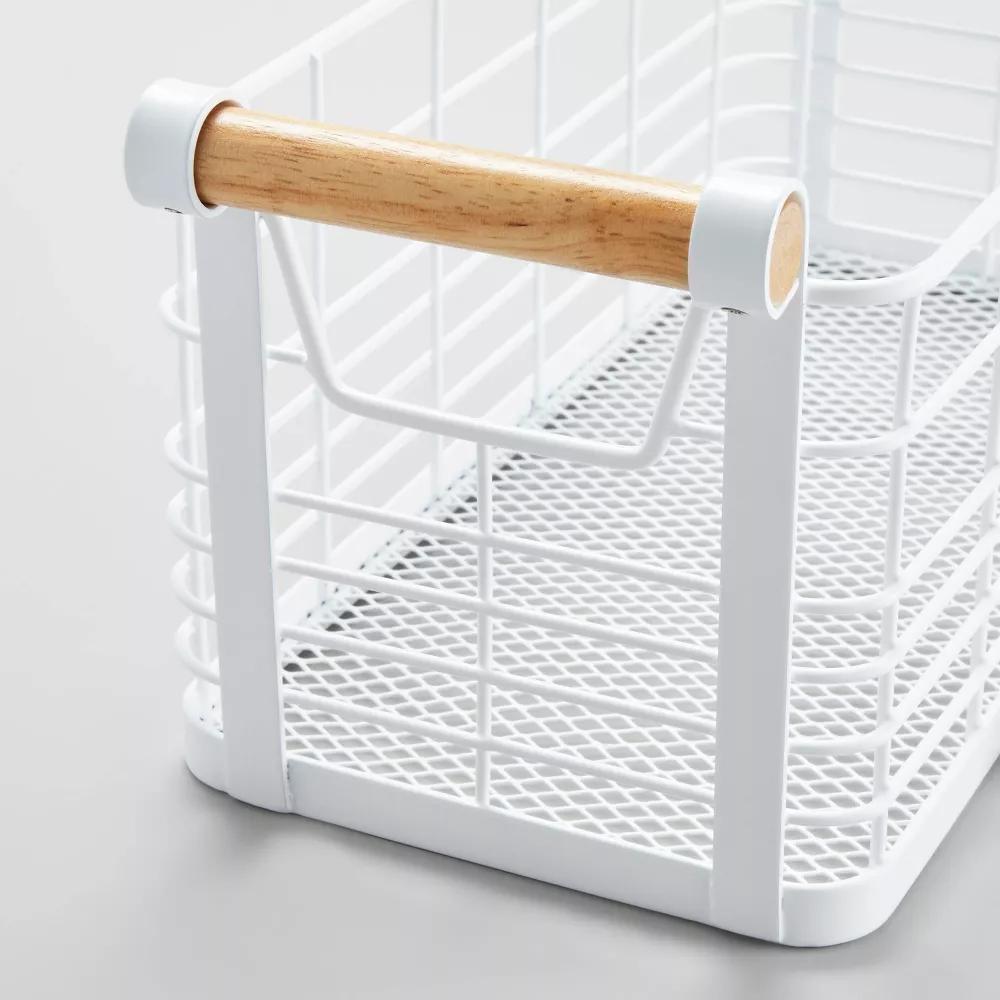Rectangular Wire Natural Wood Handles Basket