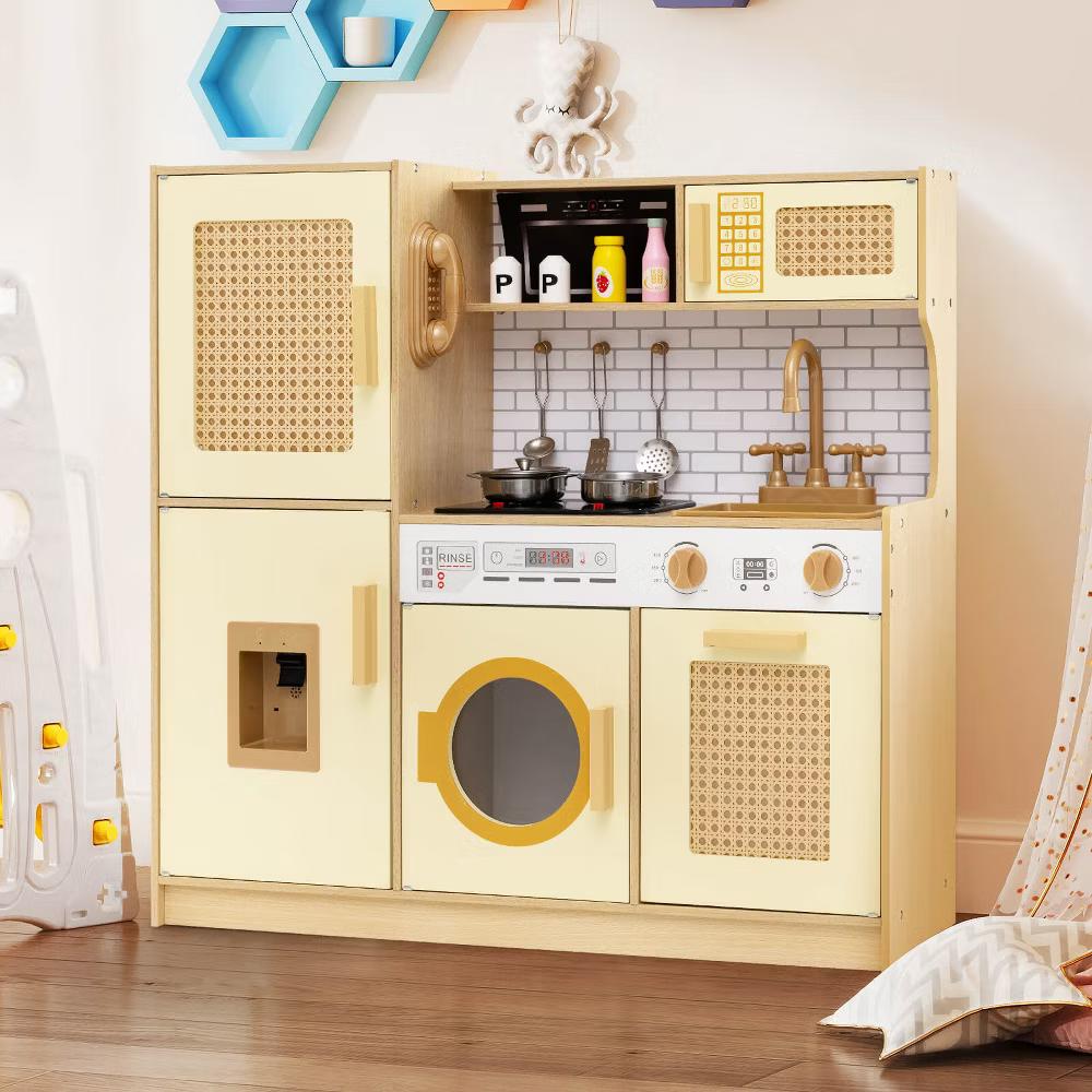 Wooden Kids Kitchen Playset Pretend Play Kitchen with Real Sounds Lights Pink/Yellow - Image 17