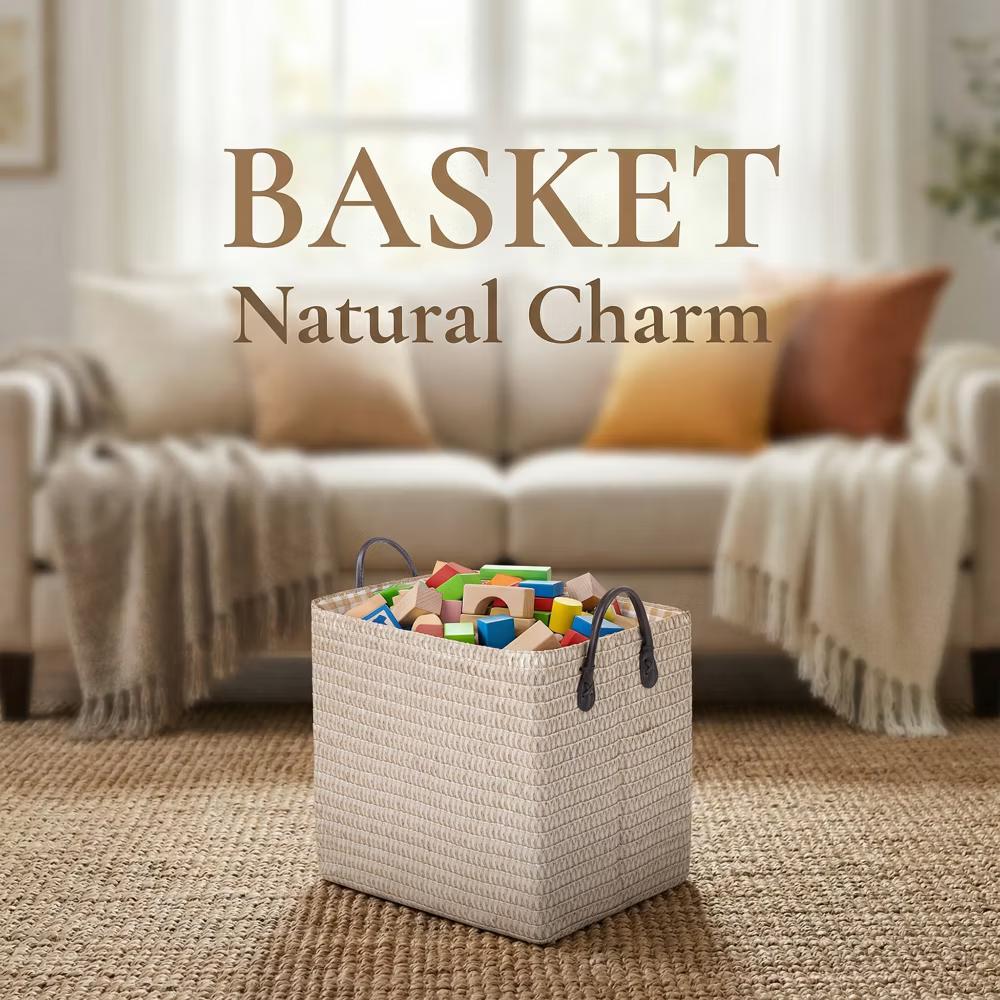 Woven Storage Basket for Clothes Shoes Organizer Bin with Handles