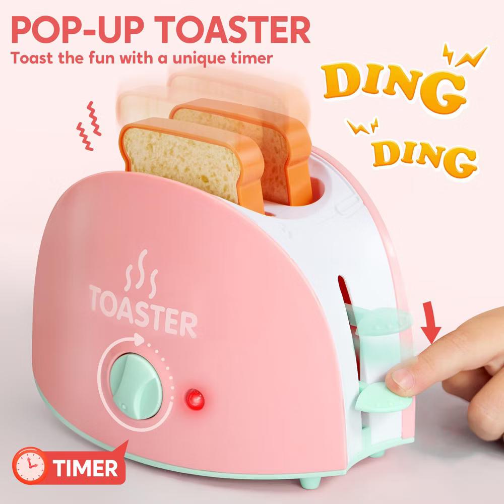 Play Kitchen Toys, Pretend Play Kitchen Appliances Toy Set with Coffee Maker, Mixer, Toaster, Christmas Birthday Gift for Kids Ages 3+,Pink - Image 5