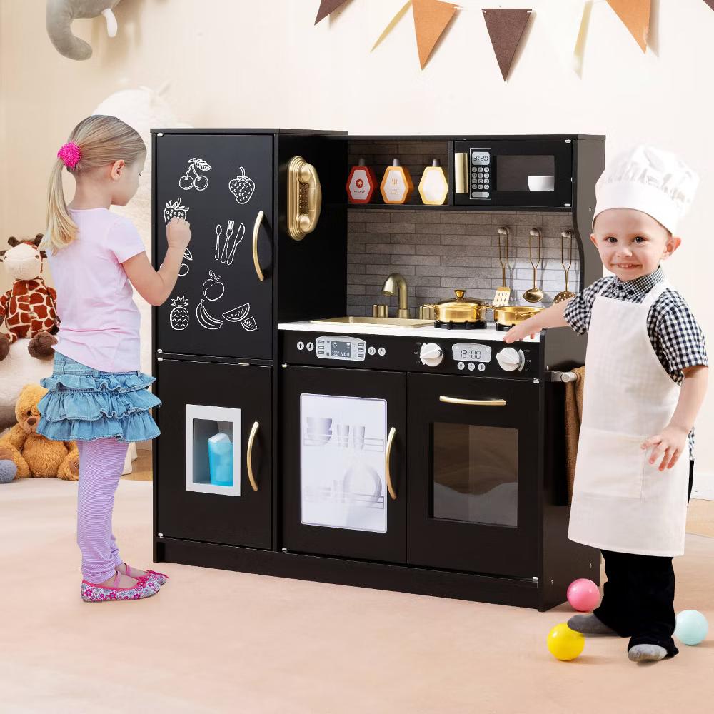 Kid's Pretend Play Kitchen Toddler Kitchen Playset with Blackboard Pink/White/Light Pink/Beige - Image 17