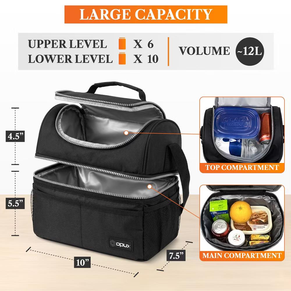 Double Decker Lunch Box Men Women, Insulated Leakproof Cooler Bag Adult Work, Dual Compartment Pail Tote Boys Girls Kids - Image 7